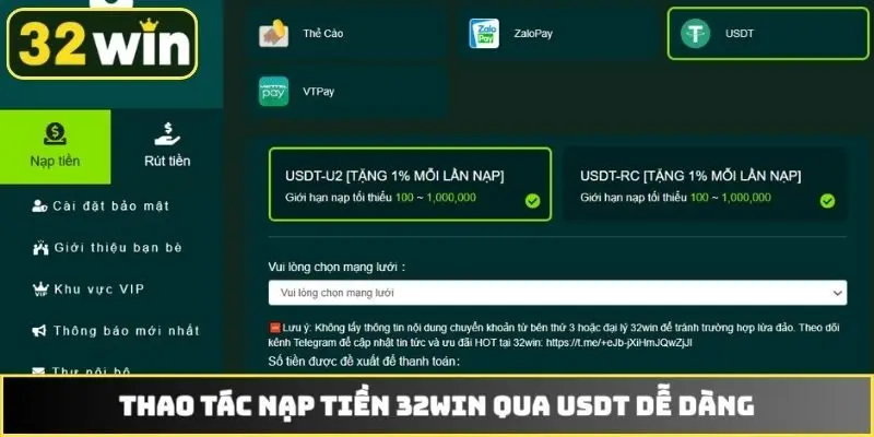 Thao tác nạp tiền 32WIN qua USDT dễ dàng